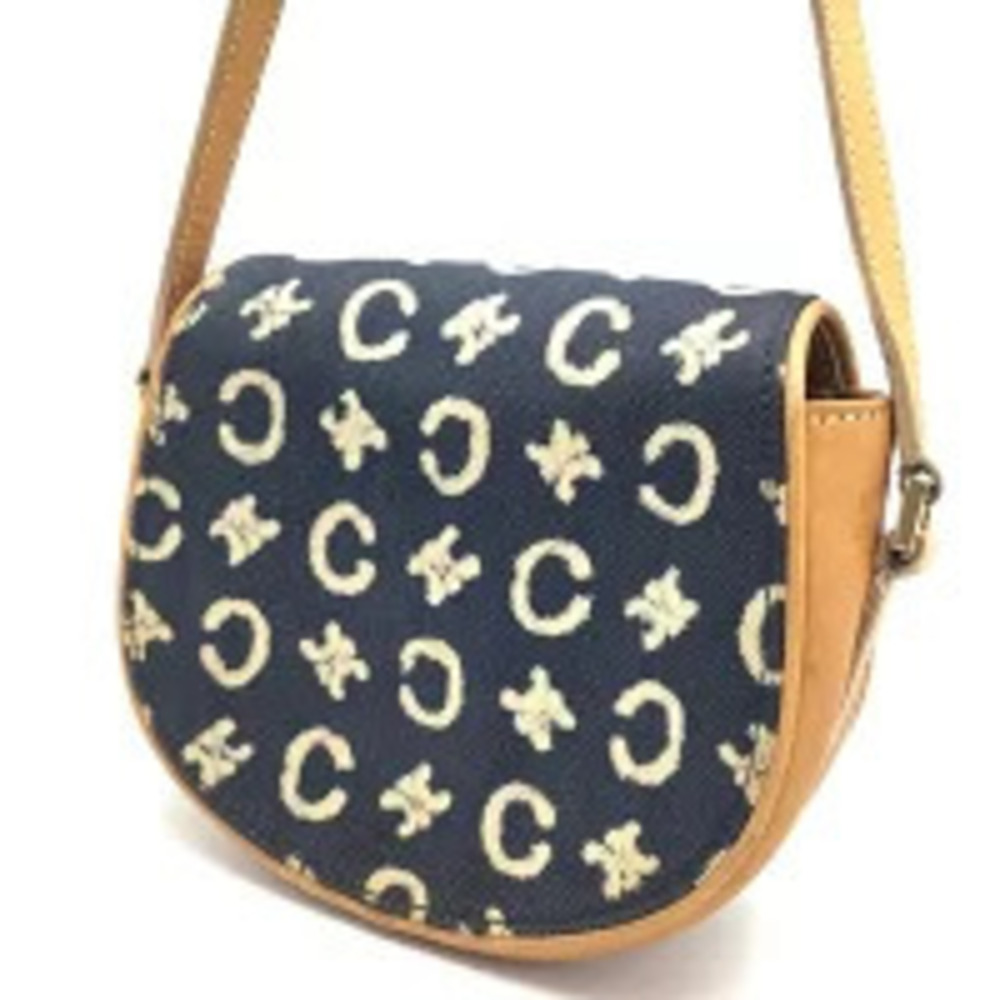 CELINE Macadam Denim Shoulder Bag Navy Blue Brown Leather - Picture 1 of 13